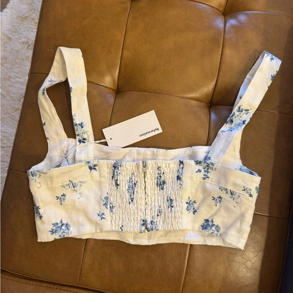 Reformation Linen Santana White and Blue Floral Top - Picture 3 of 3